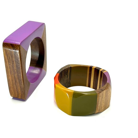 Vintage 1970s Lucite & Wood Bangles — Handcrafted Geometric Bracelets — EUC - Picture 2 of 16